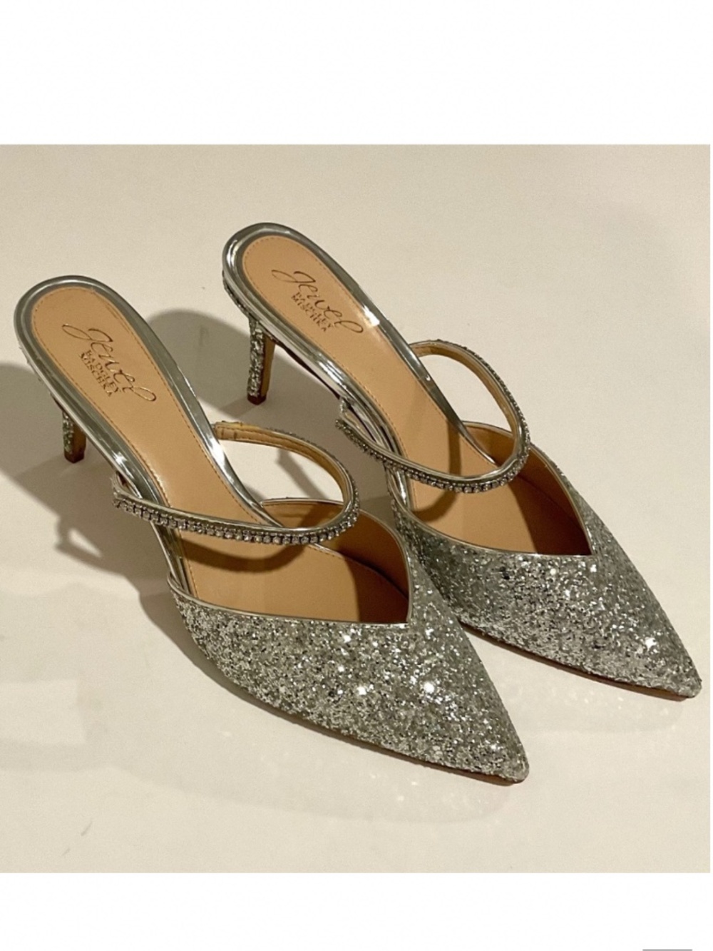 JEWEL BADGLEY MISCHKA Jan Strappy Silver Glitter Stiletto Size 9.5 NWOT